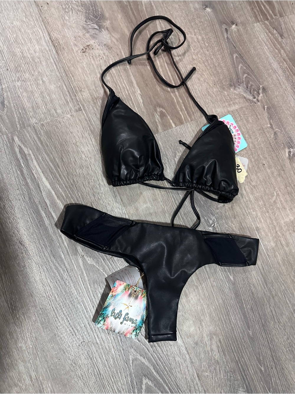 Luli Fama Black Faux Leather Triangle Bikini Set